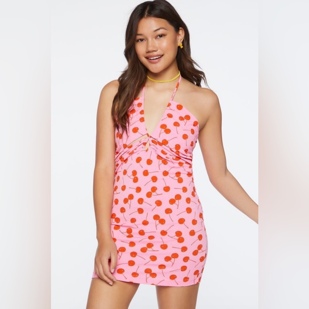 Forever 21 Cherry Print Halter Mini Dress Size Large BNWT